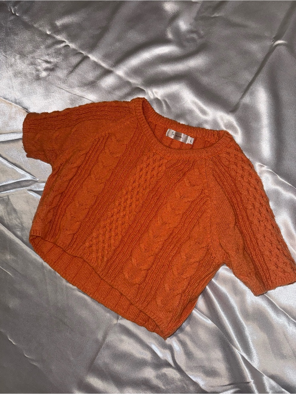 Cable-Knit Cropped Short Sleeve Sweater Top - Orange